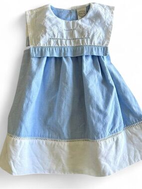 Baby Girls Blue Dress with White Embroidered Bib Collar Size 12 Months